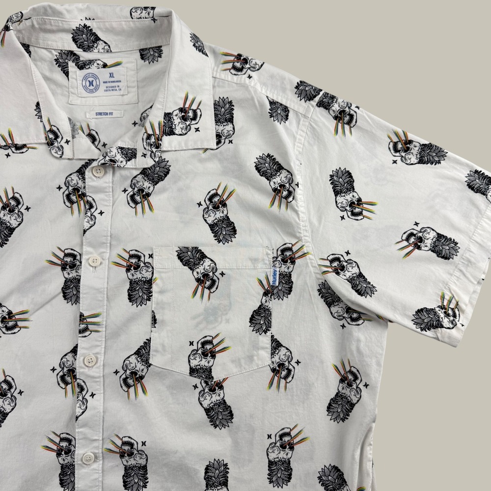Hurley Mens XL White Pineapple Skull Rainbow Laser Eye Stretch Fit Button Shirt